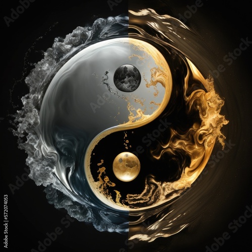 air and water yin yang with black and gold digital art illustration. Generative AI
