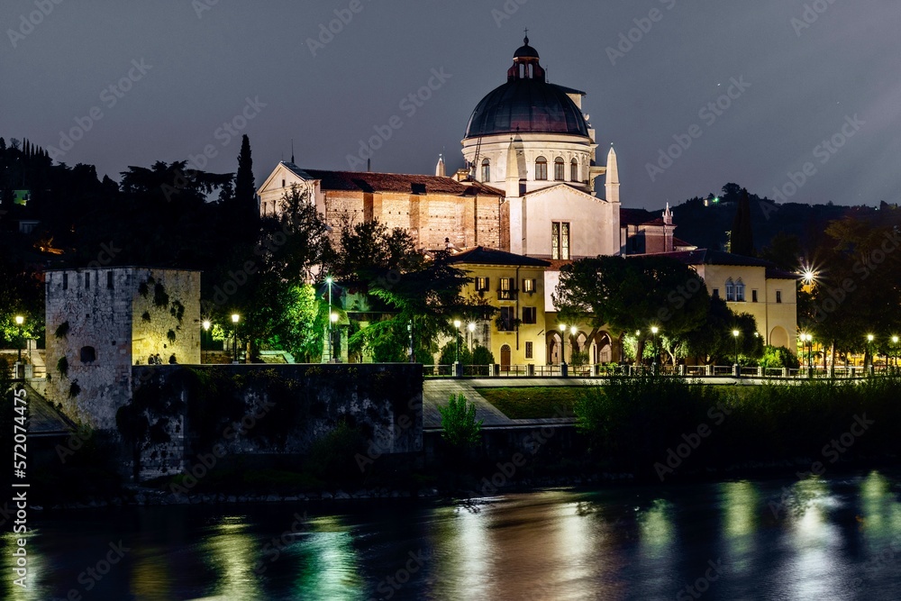 Verona, Italy - October 27th 2021:  Parish of San Giorgio in Braida at night.