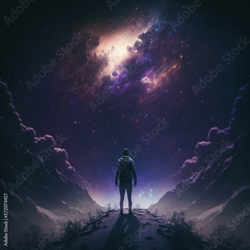 Lone Figure Standing In a Vast Purple Cosmos