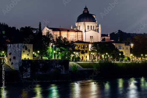 Verona, Italy - October 27th 2021:  Parish of San Giorgio in Braida at night.