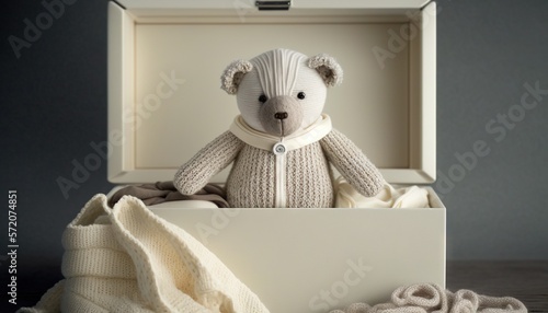 Cute teddy bear and box with knitted baby clothes. Generative AI