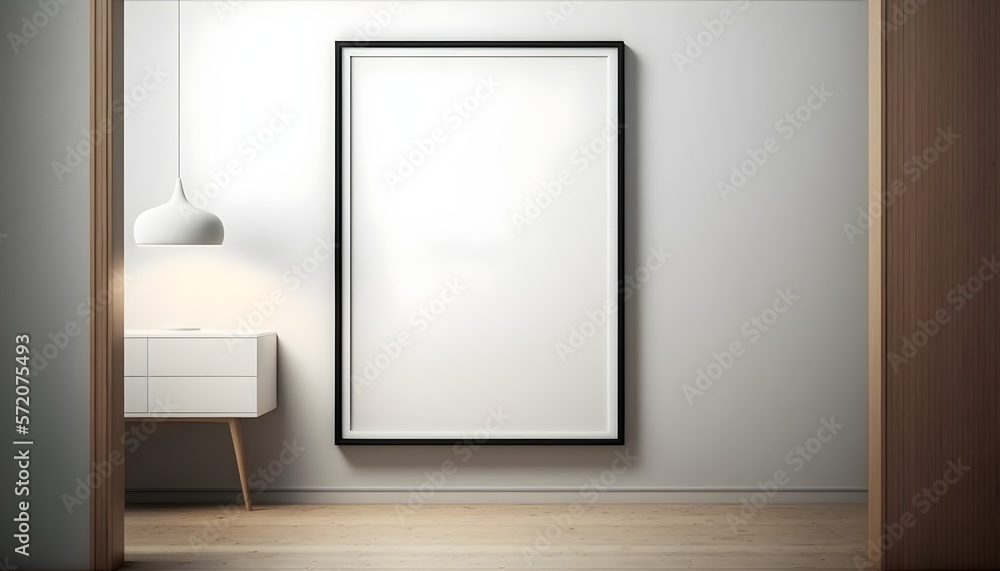 Scandinavian minimalistic room interior with mock up photo frame. White walls. Modern and floral concept. Generative AI Scandinavian minimalistic room interior with mock up photo frame. White walls. Modern and floral concept. Generative AI