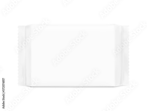 Realistic flow pack mockup. Front view. Vector illustration isolated on white background. Can be use for your design, promo, adv and etc. EPS10.	