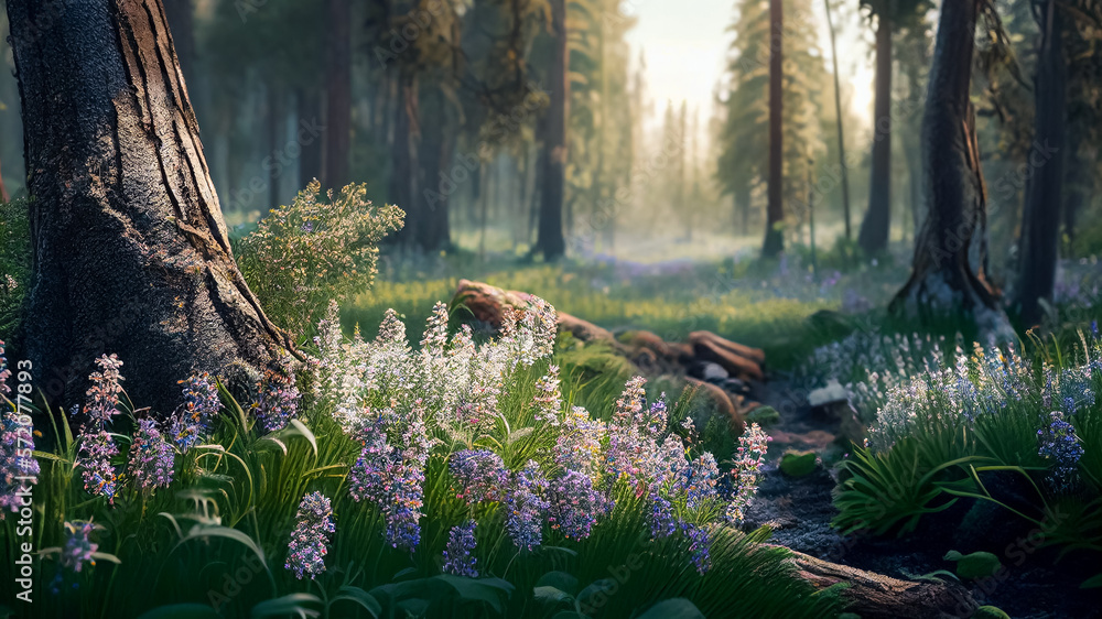 Illustration of scenic springtime forest landscape with wildflowers in the meadow. AI-generated image.	
 - obrazy, fototapety, plakaty 
