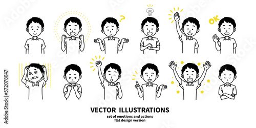 表情とジェスチャーのイラストセット　半袖の男性
