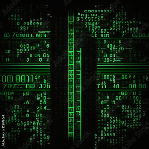 A black and green matrix code background with rows and columns of scrolling symbols and numbers. Big Data Concept. Digital Art Illustration.