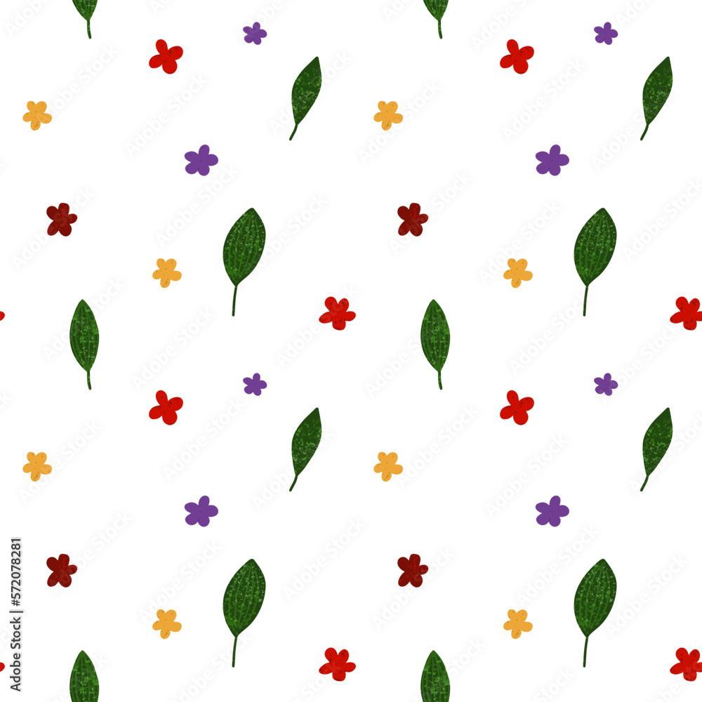 Vector pattern of red, yellow, purple flowers and green leaves. Seamless image. Vector pattern of red, yellow, purple flowers and green leaves. Seamless image.