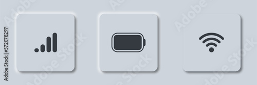 Status bar icon button in neumorphism style. Phone signal, wi-fi, battery icon. Vector illustration