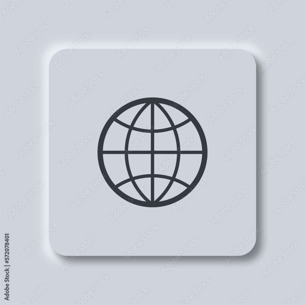 World button in neumorphism style. Globe icons buttons set. Vector illustration. World button in neumorphism style. Globe icons buttons set. Vector illustration.