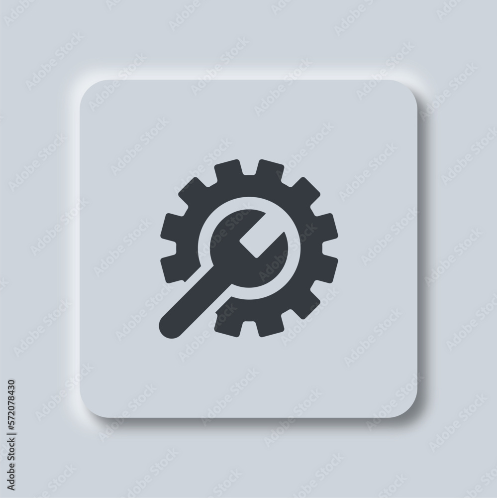 Monochrome icon button in neumorphism style. Isolated black gears with wrench. Vector illustration