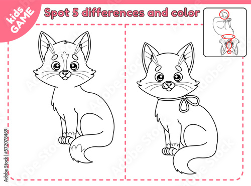 Spot 5 differences and color it. Finding the difference game for kids. Coloring book with cartoon cat. Educational worksheet for preschool and school children. Cute vector illustration.