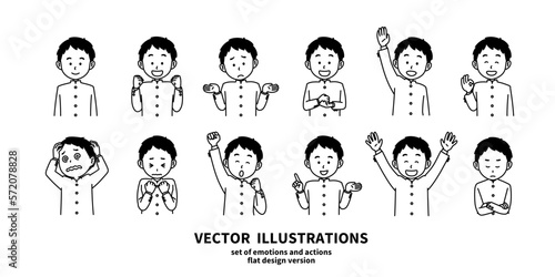 表情とジェスチャーのイラストセット 学ランの男の子　モノクロ