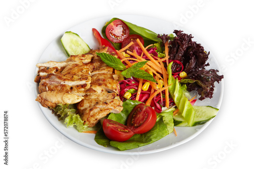Grilled Chicken Salad on White Plate With Cucumber, Tomato, Carrot Isolated White Background