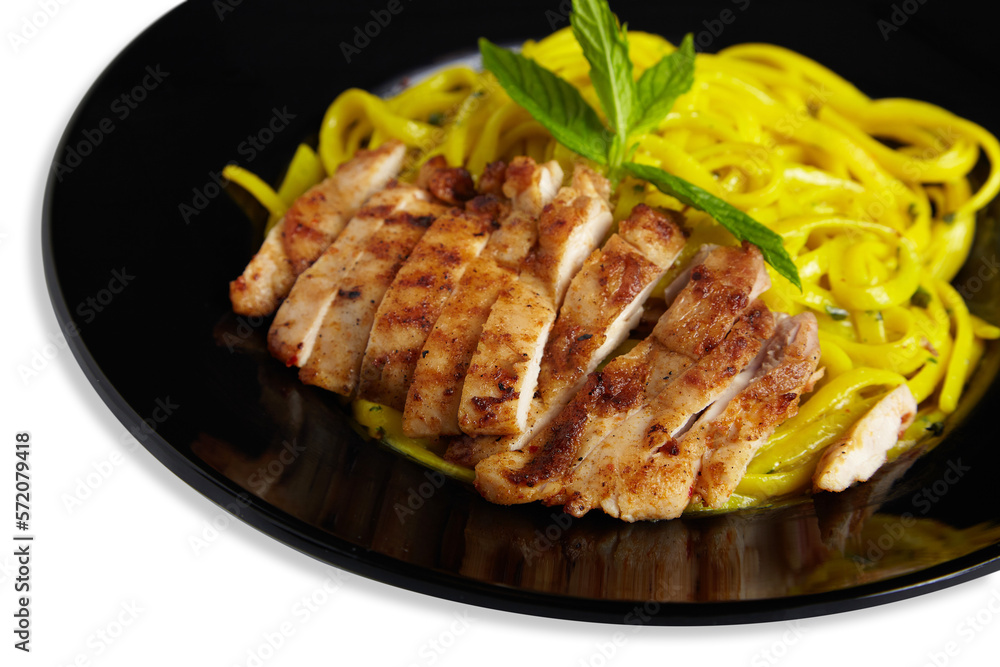 Linguine Pasta With Grilled Chicken on a Black Plate Isolated White Background Close Up PNG File Linguine Pasta With Grilled Chicken on a Black Plate Isolated White Background Close Up PNG File