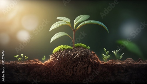 A close-up of a small plant, growing from within the Earth. Its roots reaching deep into the soil and its green shoots pushing up through the surface. A symbol of life, growth, and resilience