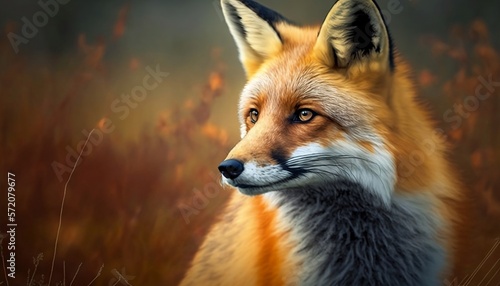 A beautiful red fox looks off into the distance, standing atop a grassy hill. A perfect addition to any project, this high-resolution stock photo captures the majesty of nature