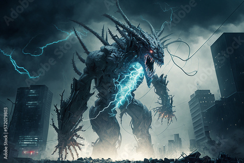 Huge scary alien nightmare monster creating lightning in the city. Menacing monster alien during the cloudy day attacking the earth. Generative AI illustration photo