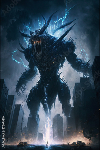 Huge scary alien nightmare monster creating lightning in the city. Menacing monster alien during the cloudy day attacking the earth. Generative AI illustration
