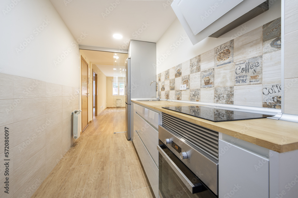Kitchen fitted along one wall with gray handleless cabinets, wood-look tile flooring, and built-in appliances Kitchen fitted along one wall with gray handleless cabinets, wood-look tile flooring, and built-in appliances