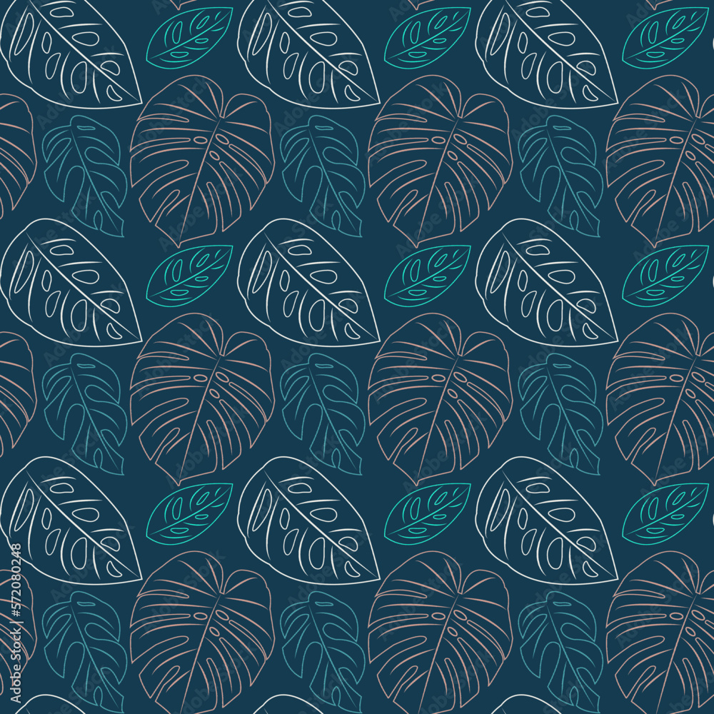 Dark blue pattern with different types of monstera leaves