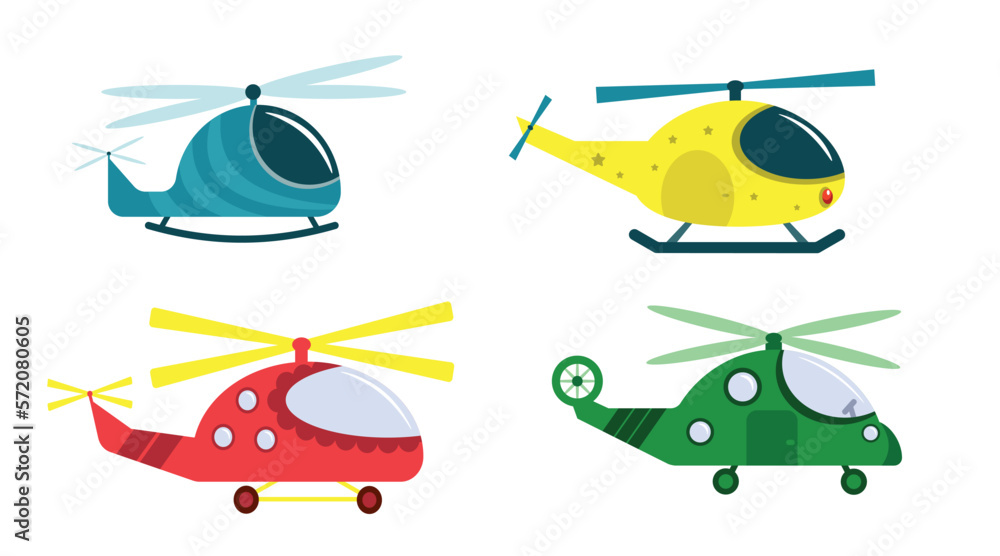 Set of colored helicopters in cartoon style. Vector illustration of blue, yellow, pink and green helicopters isolated on white background.