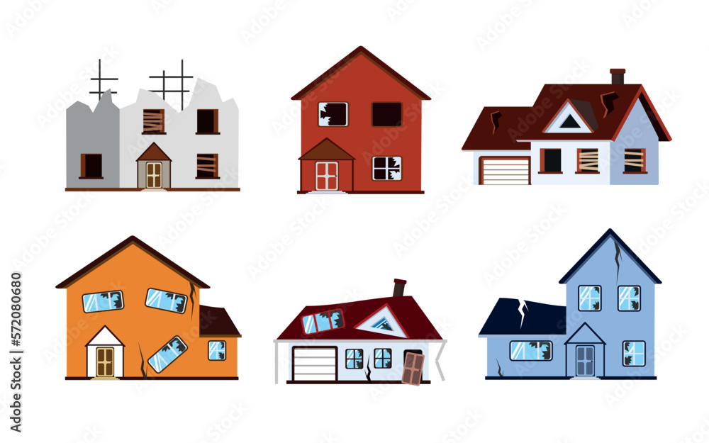 Set of ruined houses in cartoon style. Vector illustration of houses damaged by natural disasters, cataclysms: roofless, windowless, walls with cracks isolated on white background. Set of ruined houses in cartoon style. Vector illustration of houses damaged by natural disasters, cataclysms: roofless, windowless, walls with cracks isolated on white background.