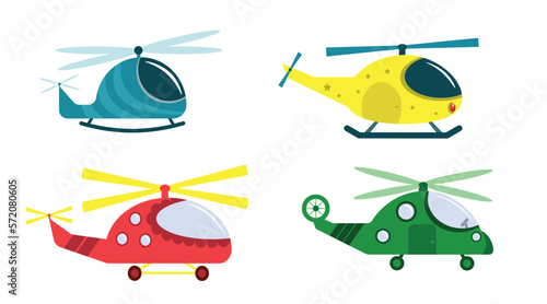 Set of colored helicopters in cartoon style. Vector illustration of blue, yellow, pink and green helicopters isolated on white background.