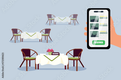 Vector illustration of online booking in cartoon style. Reservation of a table in a restaurant via smartphone. A table for two is reserved and isolated on a white background.