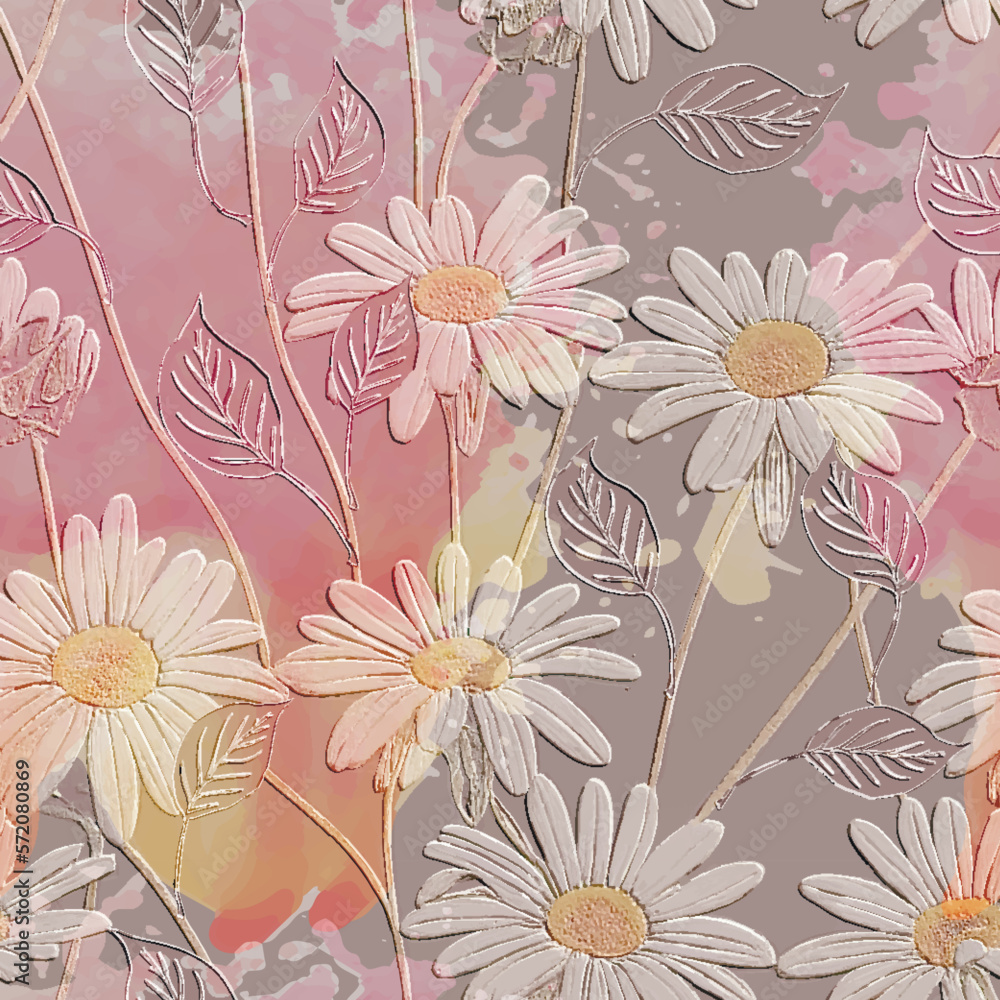 Chamomile flowers textured 3d seamless pattern. Floral embossed watercolor pink background. Grunge dirty modern backdrop. Line art  flowers, leaves. Abstract hand drawn surface chamomiles ornament