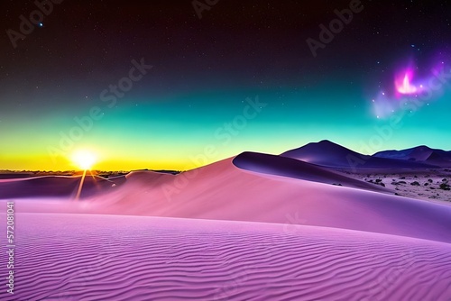 The Sahara desert with a bright pink and purple nebula stretching overhead