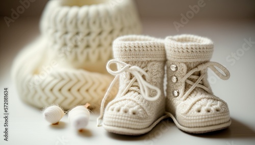 Handmade knitted baby booties. Generative AI