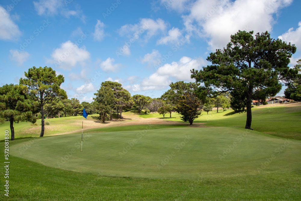 Campo de deporte de golf con un verde e impecable césped en verano Campo de deporte de golf con un verde e impecable césped en verano