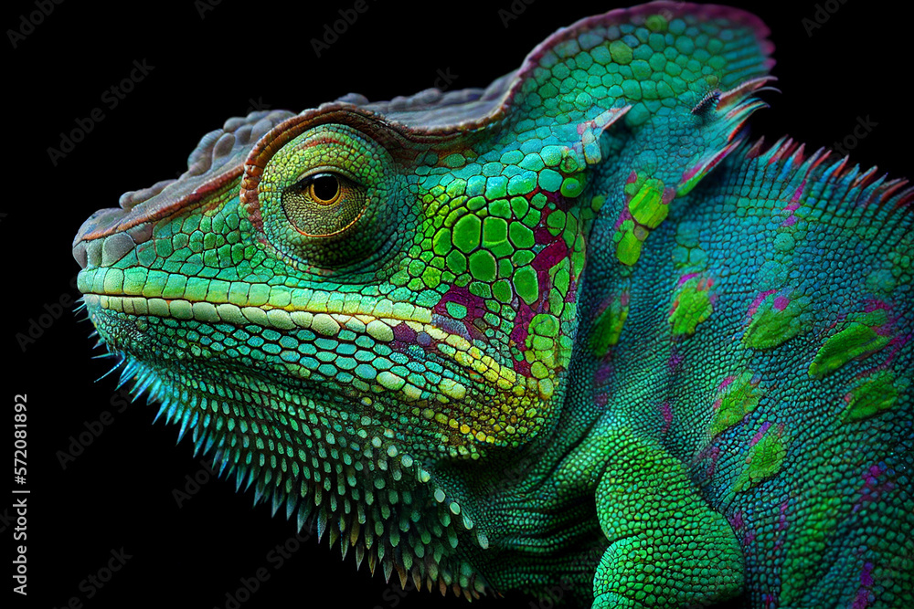 Green-colored chameleon close-up, Generative AI Green-colored chameleon close-up, Generative AI