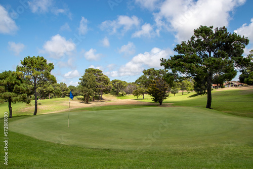 Campo de deporte de golf con un verde e impecable césped en verano