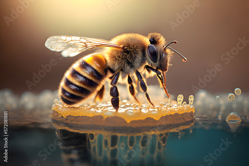 Bee on water, honeybee macro, photo