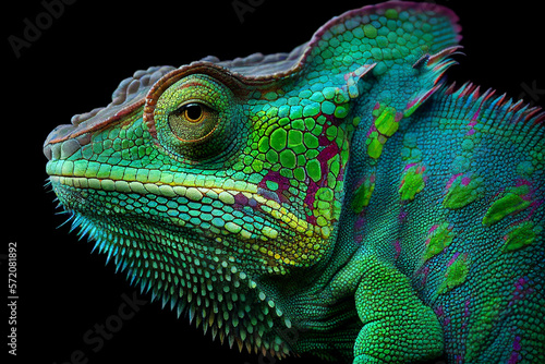 Green-colored chameleon close-up, Generative AI © mizan