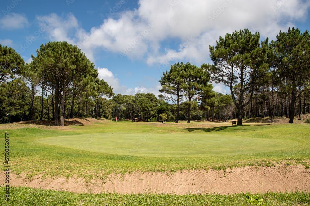 Fototapeta premium Campo de deporte de golf con un verde e impecable césped en verano