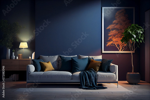 Interior of cozy modern living room with sofa against a blank, dark blue wall, illustration of glamour modern style interior design, generative, ai