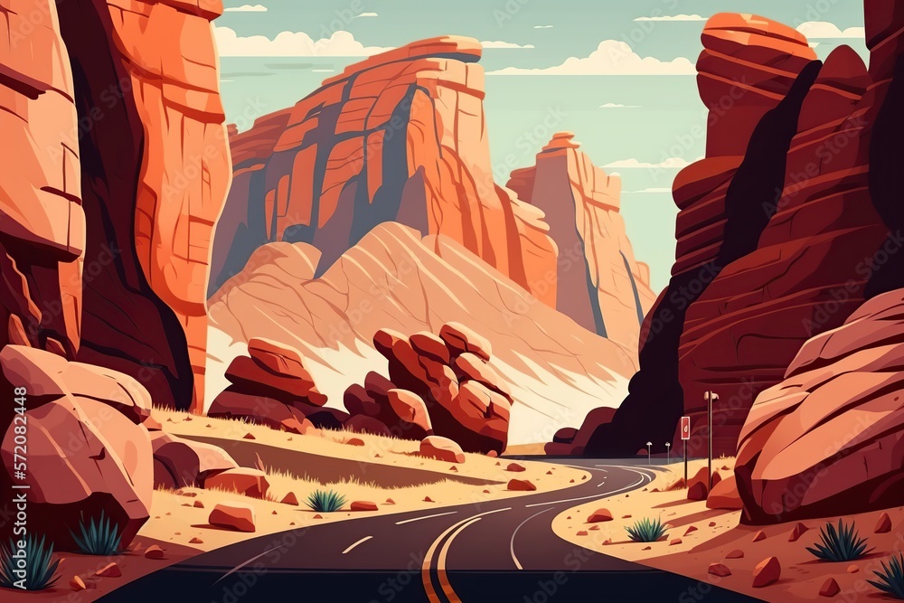 cartoon illustration, desert road in canyon with red mountains, ai generative