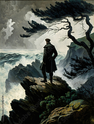 Fotótapéta A man contemplating a stormy sea from a rock, in the style of Caspar David Fried