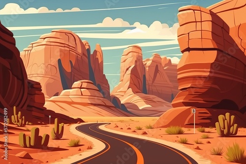 cartoon illustration, desert road in canyon with red mountains, ai generative