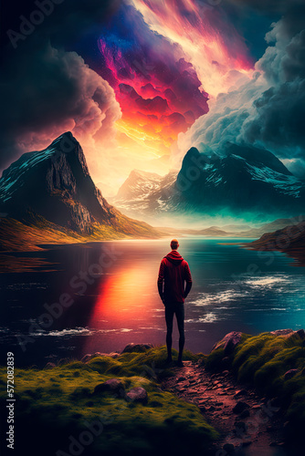 A person observes a beautiful breathtaking landscape, mountains, clouds. Generative AI © Oleksandr