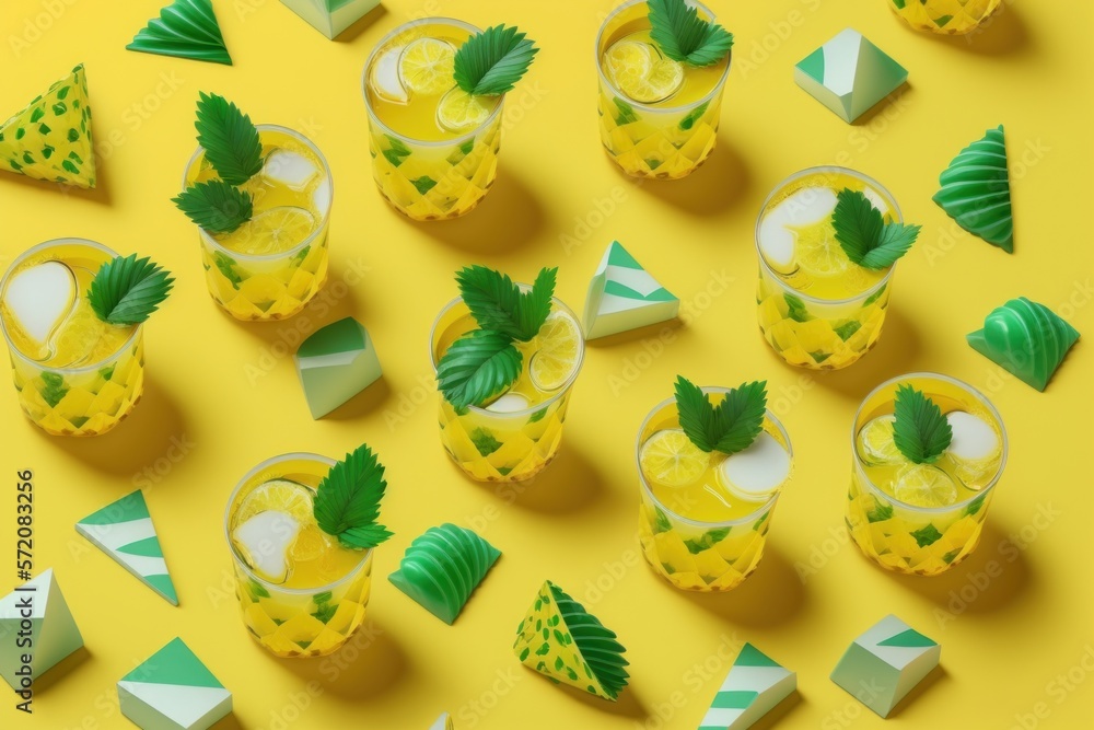 Fondo verano cocktail mojitos fondo amarillo y verde, patrón de bebidas alcohólicas en verano, creado con IA generativa