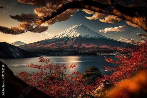 image, fuji mountain in kawuaguchiko lake japan, generative ai