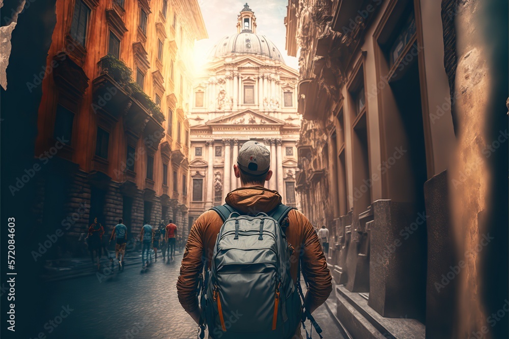 person backpacking through Europe, concept of Cultural Exploration and Adventure Travel, created with Generative AI technology