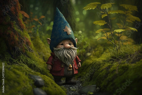  Little gnome in the forest. Elderly gnome walking down a mossy path. Fantastic creature from fairy tales. Popular character of legends and tales for children. Magician, sorcerer Generative ai.