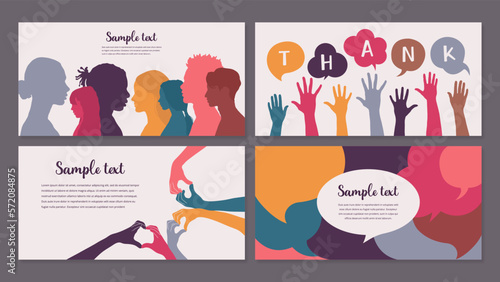 Concept of team, learning, inclusion, interaction between multicultural people. Bright banners set.