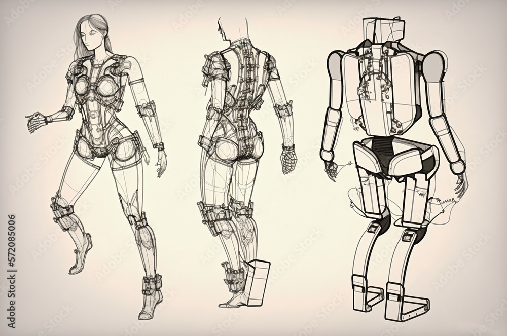 Sketch of a wearable exoskeleton that enhances the physical abilities of the user using robotics and sensor technology Sketch of a wearable exoskeleton that enhances the physical abilities of the user using robotics and sensor technology