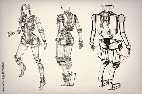 Sketch of a wearable exoskeleton that enhances the physical abilities of the user using robotics and sensor technology photo