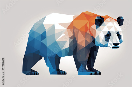 Panda with a minimalistic geometric design in shades of blue and orange on a white background